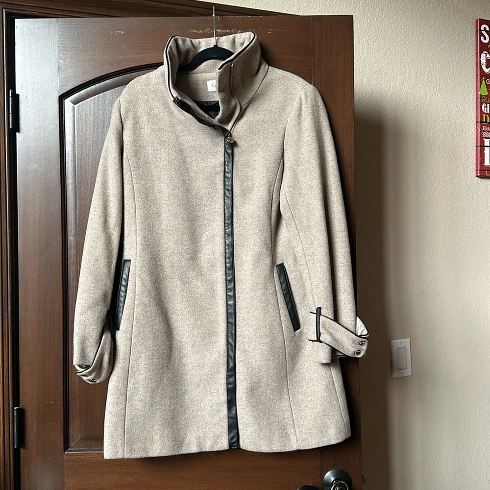 Calvin Klein Women's Beige Coat with dark brown leather  Trim